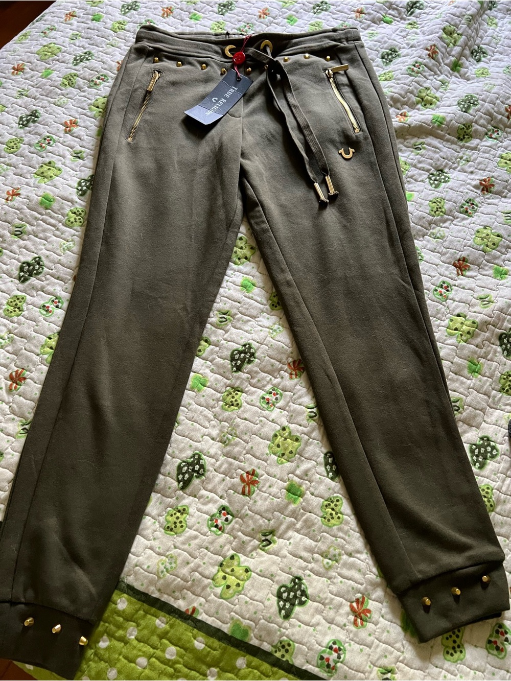 True Religion Olive Green Cropped Jogger Pants with Gold Accents